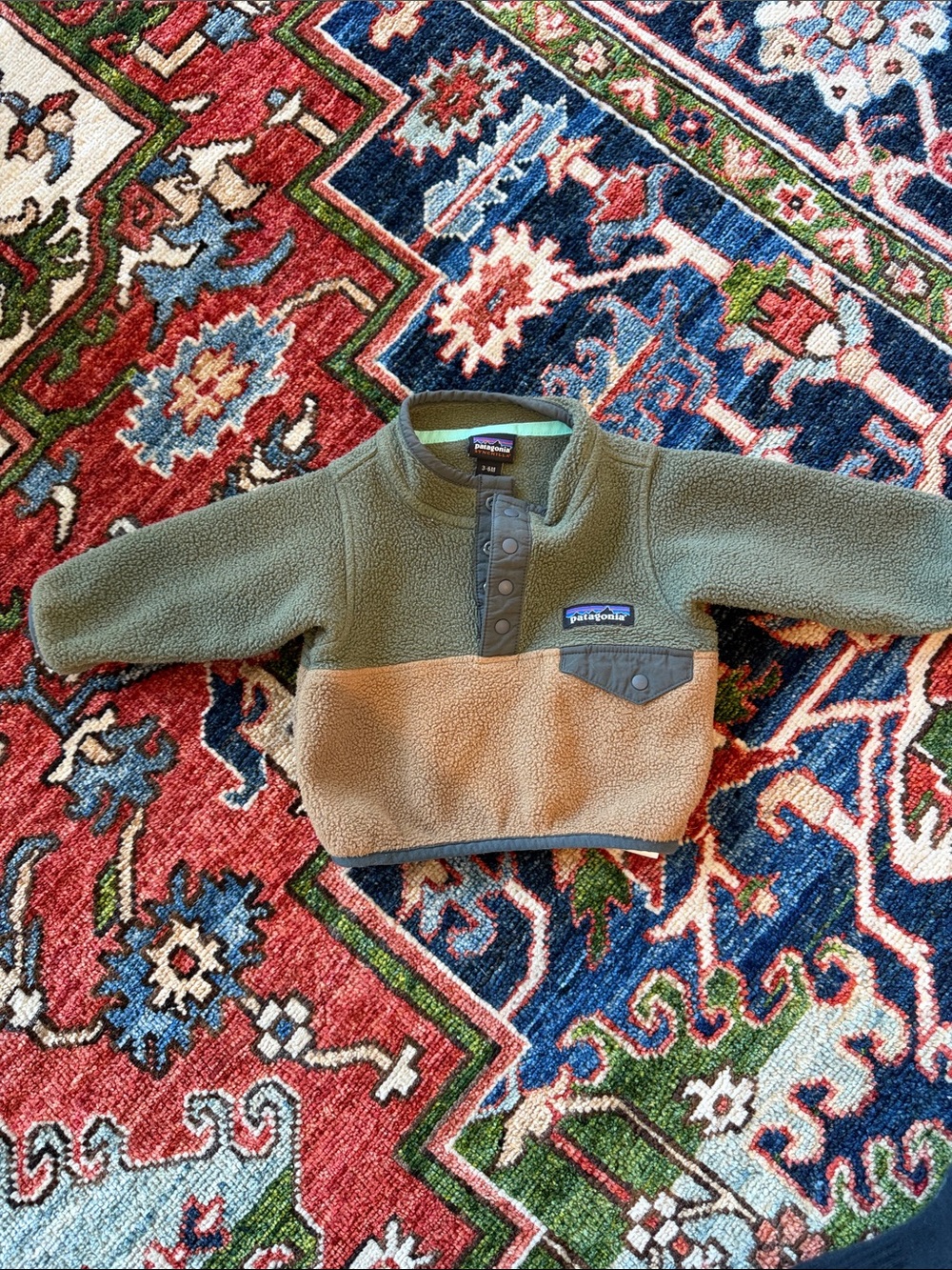 Patagonia Baby Olive Green and Tan Fleece Snap Pullover